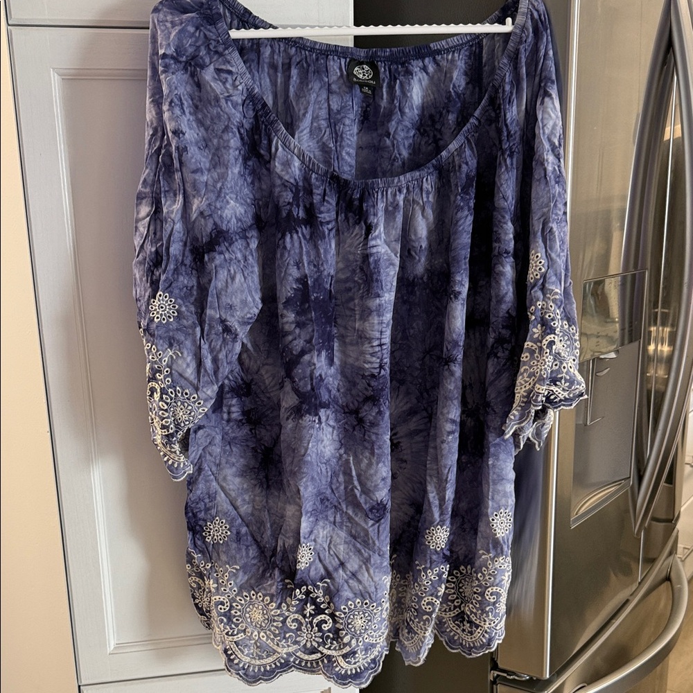 Bobeau Blue Tie-Dye Blouse with White Embroidery